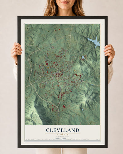 Cleveland, Georgia map print, 24" x 36" W/ Black Ayous Wood Frame mockup