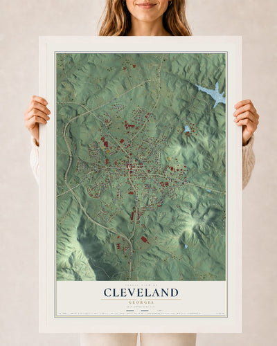 Cleveland, Georgia map print, 24" x 36" W/ White Ayous Wood Frame mockup