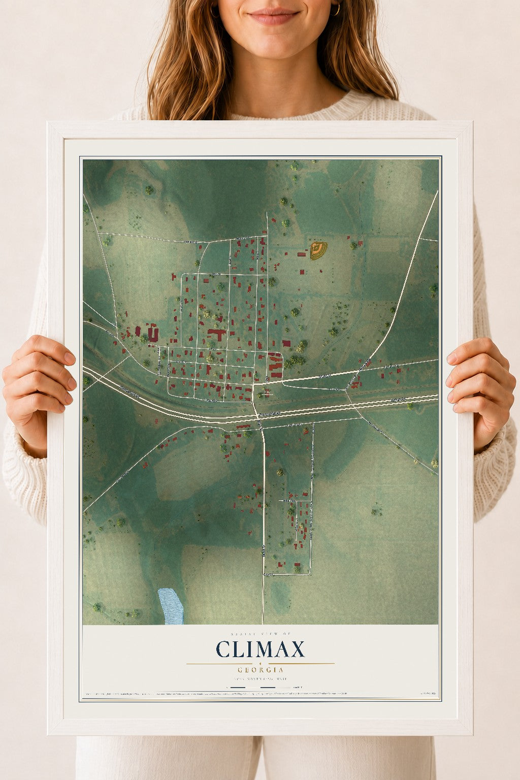 Climax, Georgia map print, 18" x 24" W/ White Ayous Wood Frame mockup