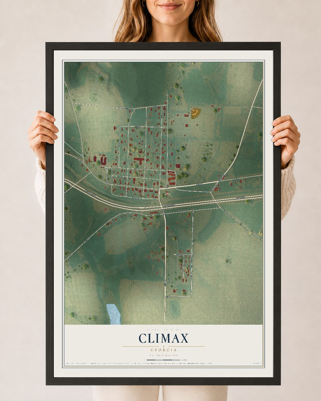 Climax, Georgia map print, 24" x 36" W/ Black Ayous Wood Frame mockup