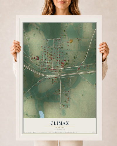 Climax, Georgia map print, 24" x 36" W/ White Ayous Wood Frame mockup