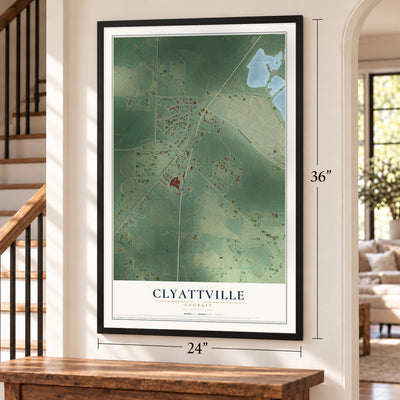 Clyattville, Georgia map, 24 x 36 inch print in a black frame by a staircase