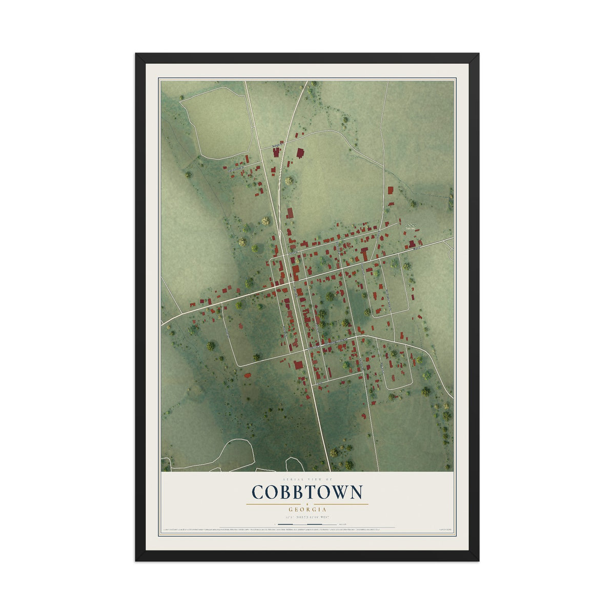 Cobbtown, Georgia map print, 12" x 18" W/ Black Ayous Wood Frame mockup