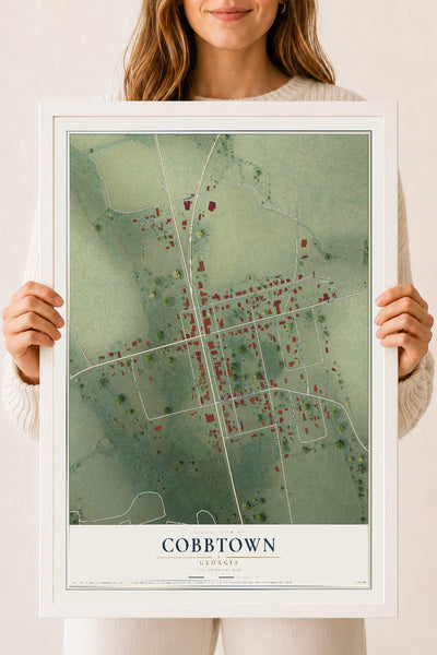 Cobbtown, Georgia map print, 18" x 24" W/ White Ayous Wood Frame mockup