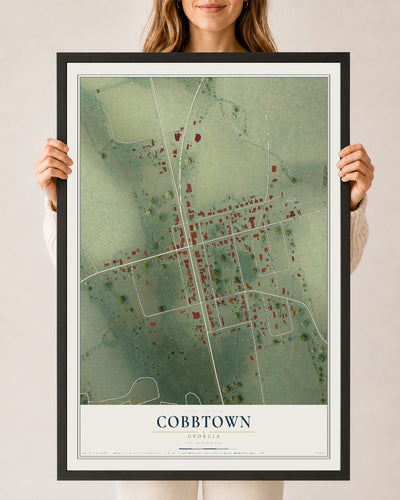 Cobbtown, Georgia map print, 24" x 36" W/ Black Ayous Wood Frame mockup