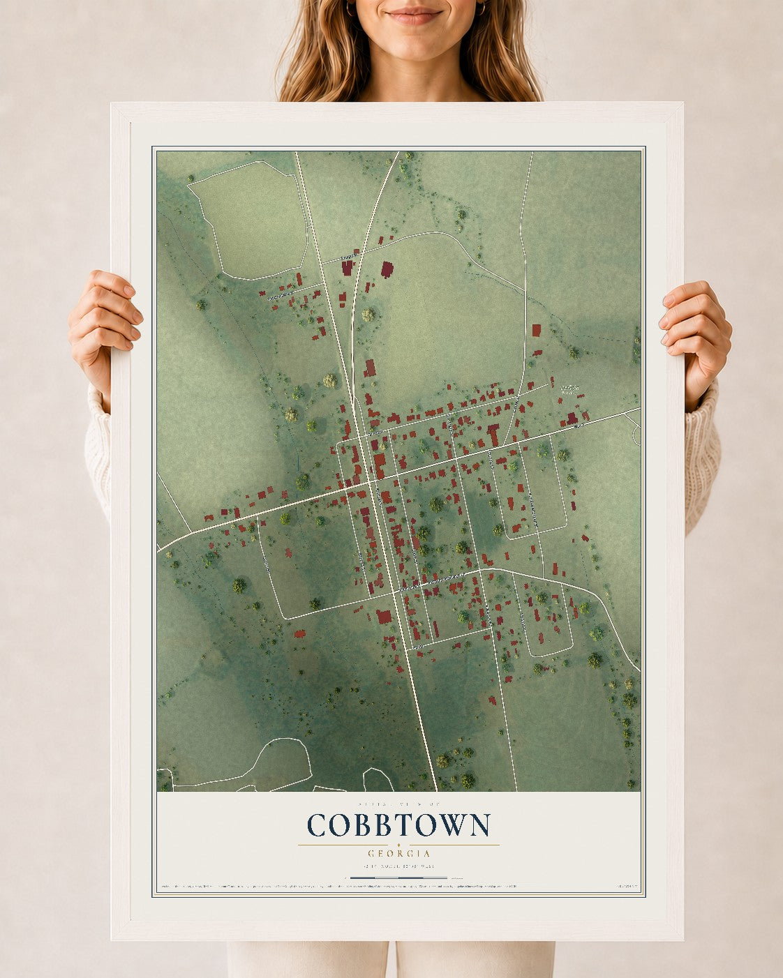 Cobbtown, Georgia map print, 24" x 36" W/ White Ayous Wood Frame mockup