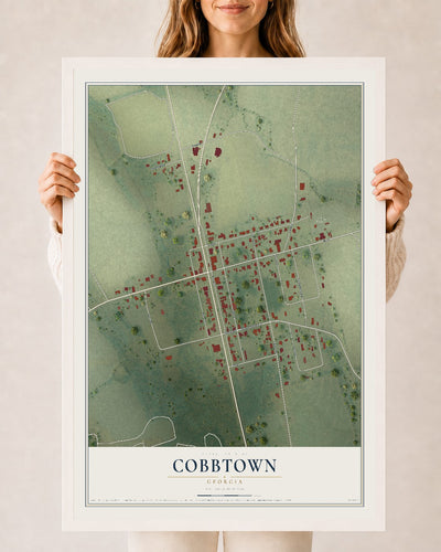 Cobbtown, Georgia map print, 24" x 36" W/ White Ayous Wood Frame mockup