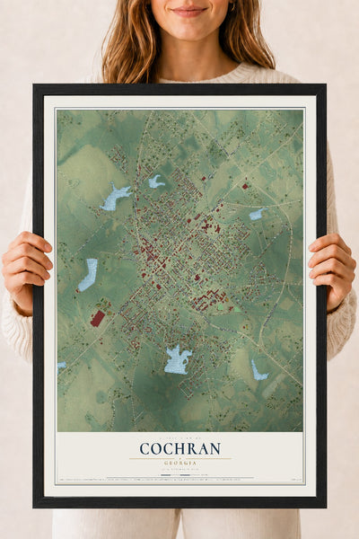 Cochran, Georgia map print, 18" x 24" W/ Black Ayous Wood Frame mockup