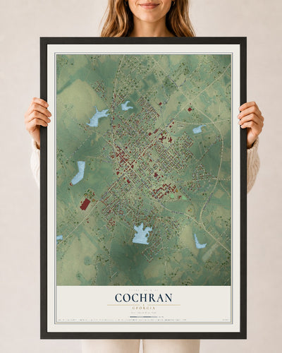 Cochran, Georgia map print, 24" x 36" W/ Black Ayous Wood Frame mockup