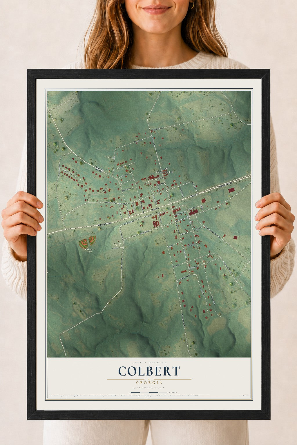 Colbert, Georgia map print, 18" x 24" W/ Black Ayous Wood Frame mockup