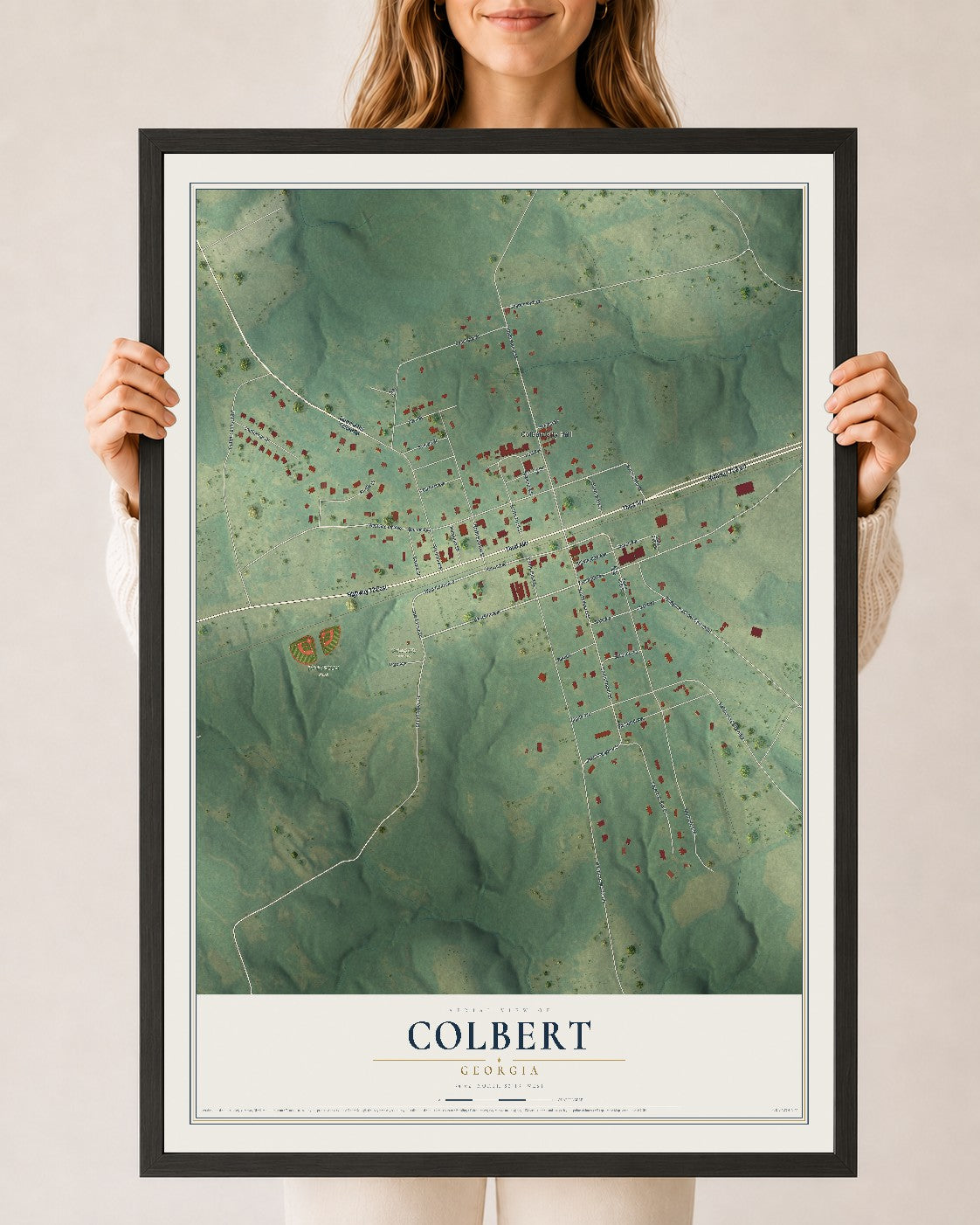 Colbert, Georgia map print, 24" x 36" W/ Black Ayous Wood Frame mockup