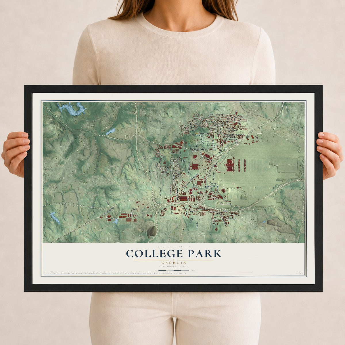 College Park, Georgia map print, 12" x 18" W/ Black Ayous Wood Frame mockup