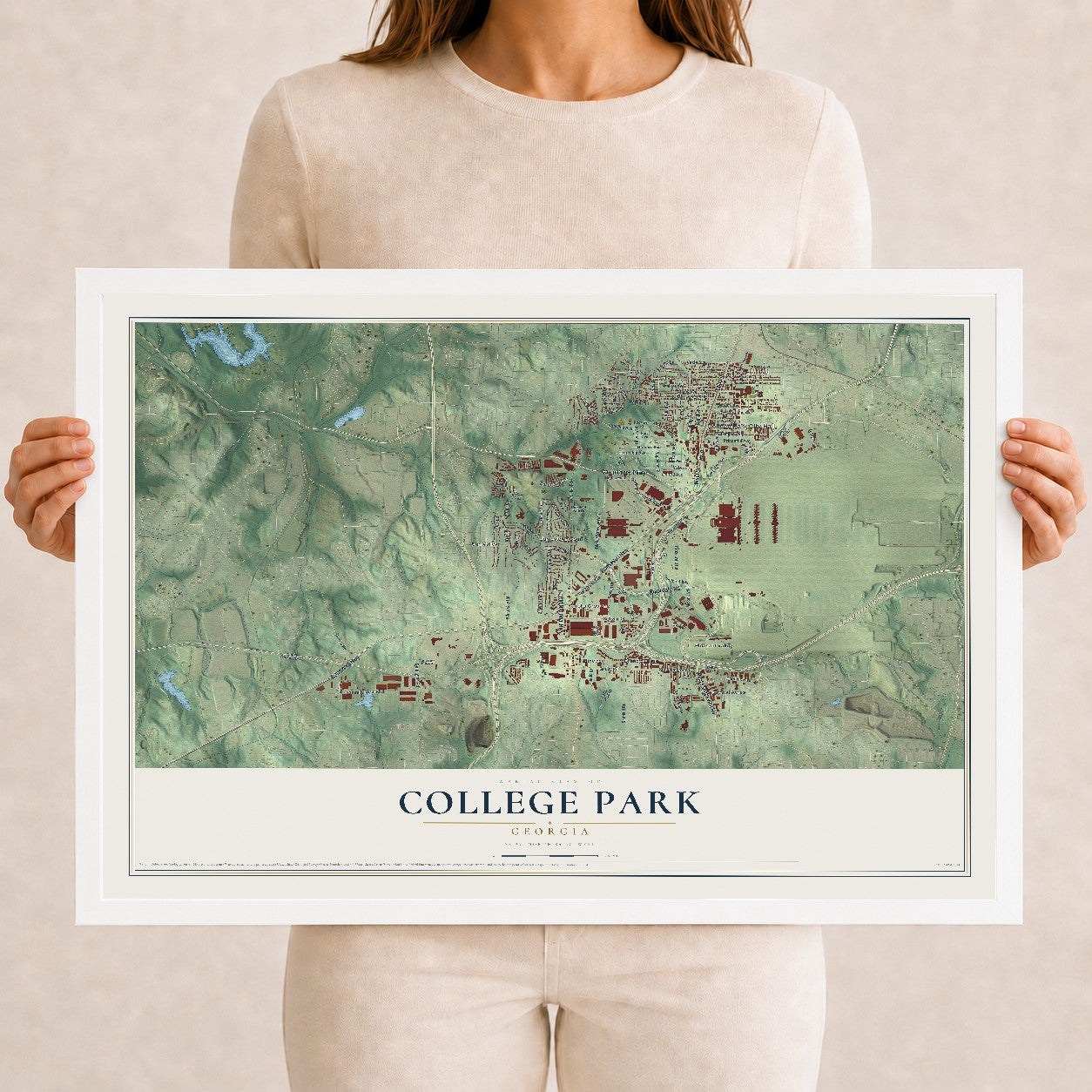 College Park, Georgia map print, 12" x 18" W/ White Ayous Wood Frame mockup