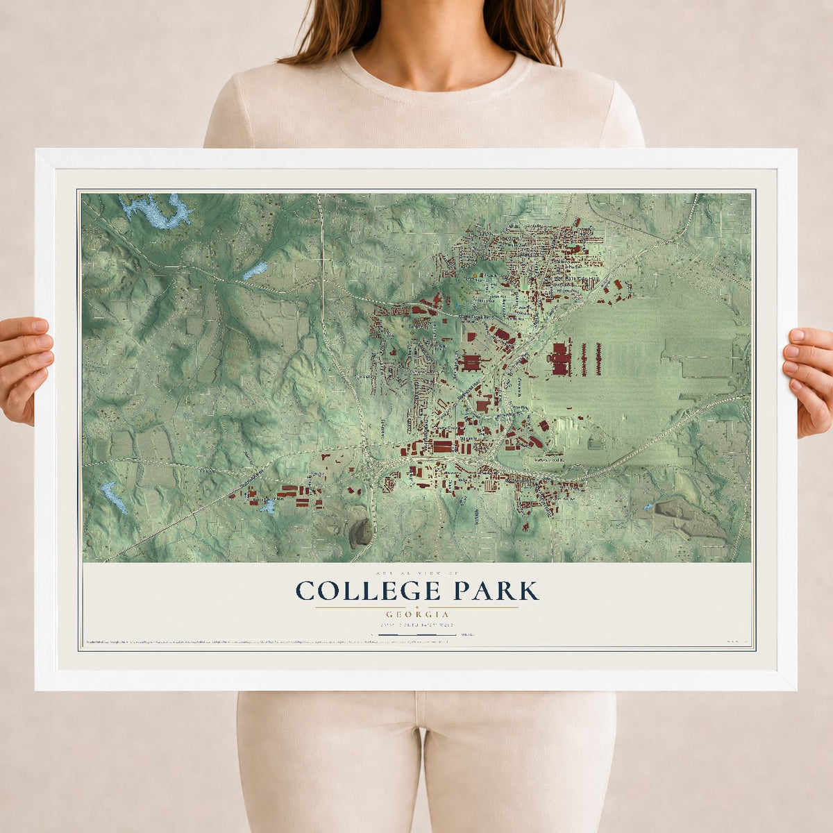College Park, Georgia map print, 18" x 24" W/ White Ayous Wood Frame mockup