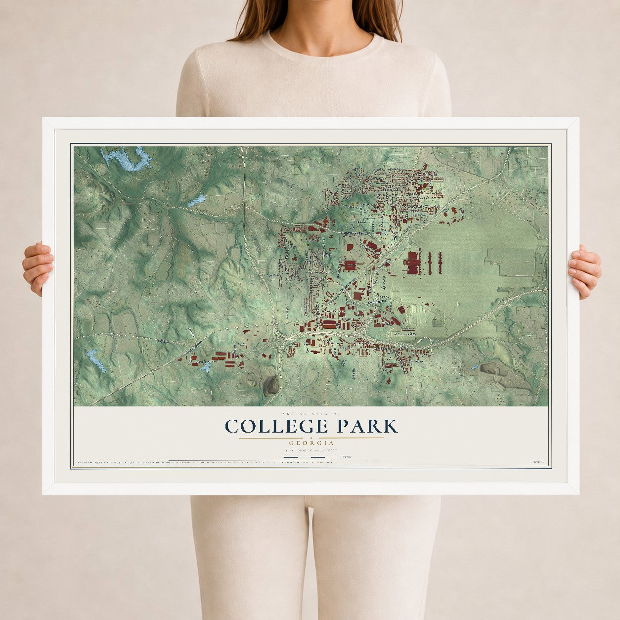 College Park, Georgia map print, 24" x 36" W/ White Ayous Wood Frame mockup