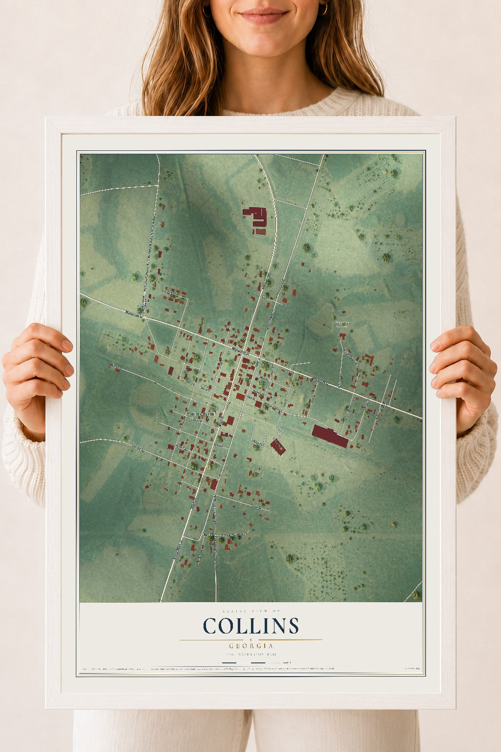 Collins, Georgia map print, 18" x 24" W/ White Ayous Wood Frame mockup