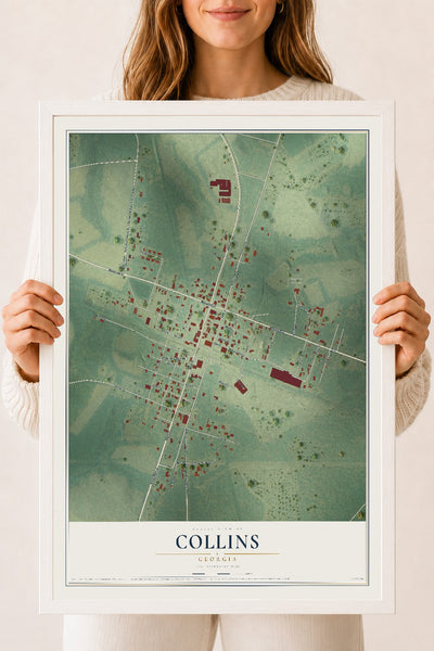 Collins, Georgia map print, 18" x 24" W/ White Ayous Wood Frame mockup