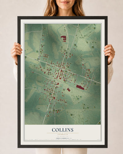 Collins, Georgia map print, 24" x 36" W/ Black Ayous Wood Frame mockup