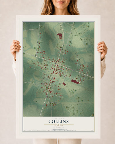 Collins, Georgia map print, 24" x 36" W/ White Ayous Wood Frame mockup