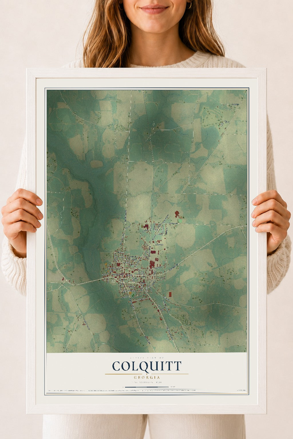 Colquitt, Georgia map print, 18" x 24" W/ White Ayous Wood Frame mockup