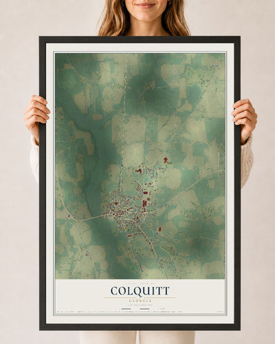 Colquitt, Georgia map print, 24" x 36" W/ Black Ayous Wood Frame mockup