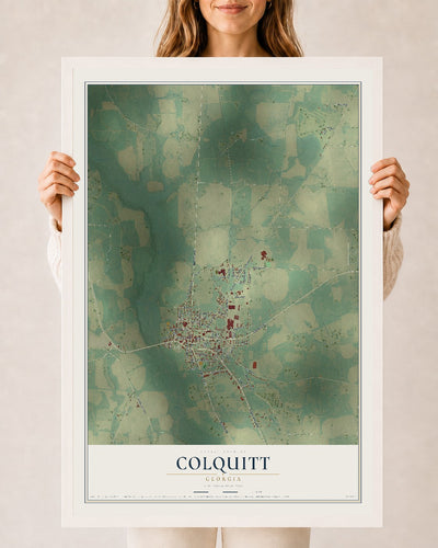 Colquitt, Georgia map print, 24" x 36" W/ White Ayous Wood Frame mockup
