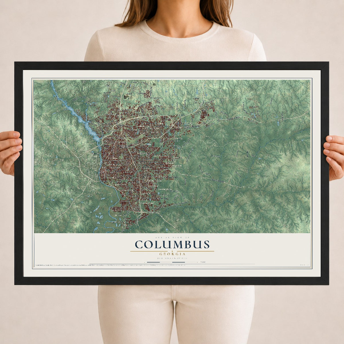 Columbus, Georgia map print, 18" x 24" W/ Black Ayous Wood Frame mockup