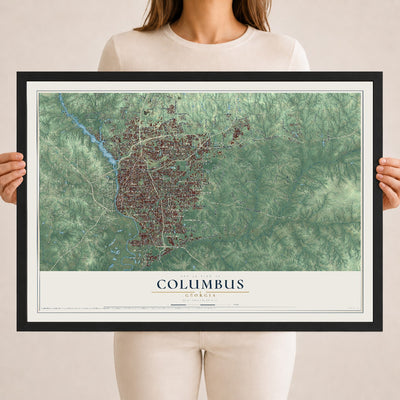 Columbus, Georgia map print, 18" x 24" W/ Black Ayous Wood Frame mockup