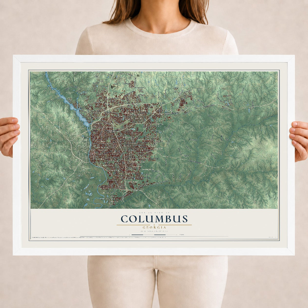 Columbus, Georgia map print, 18" x 24" W/ White Ayous Wood Frame mockup