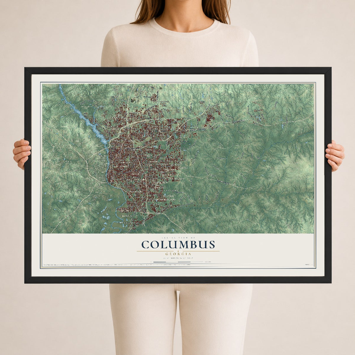 Columbus, Georgia map print, 24" x 36" W/ Black Ayous Wood Frame mockup