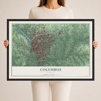 Columbus, Georgia map print, 24" x 36" W/ Black Ayous Wood Frame mockup