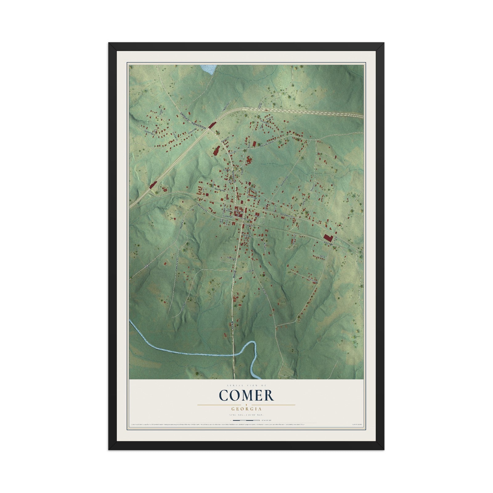 Comer, Georgia map print, 12" x 18" W/ Black Ayous Wood Frame mockup