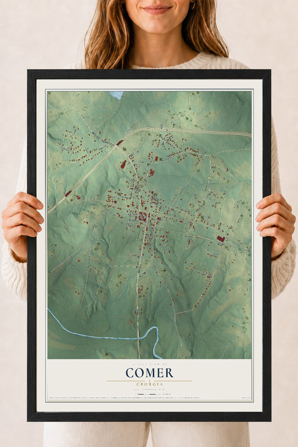 Comer, Georgia map print, 18" x 24" W/ Black Ayous Wood Frame mockup