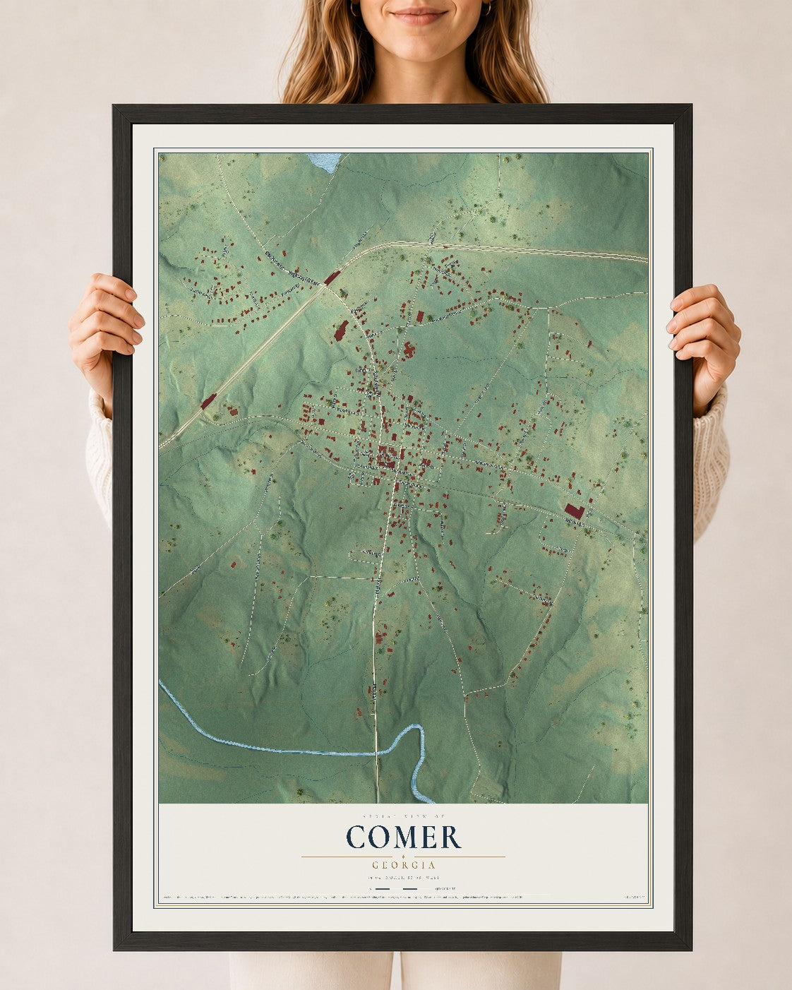 Comer, Georgia map print, 24" x 36" W/ Black Ayous Wood Frame mockup