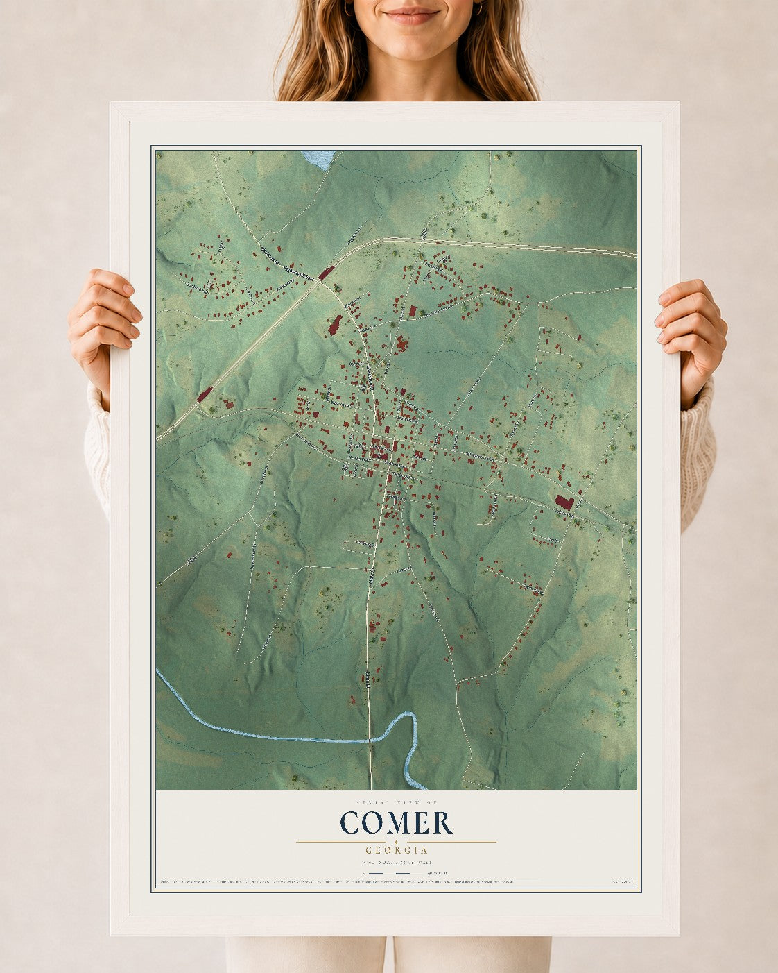 Comer, Georgia map print, 24" x 36" W/ White Ayous Wood Frame mockup