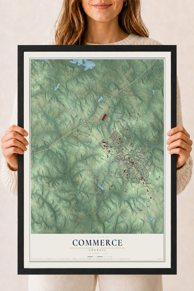 Commerce, Georgia map print, 18" x 24" W/ Black Ayous Wood Frame mockup