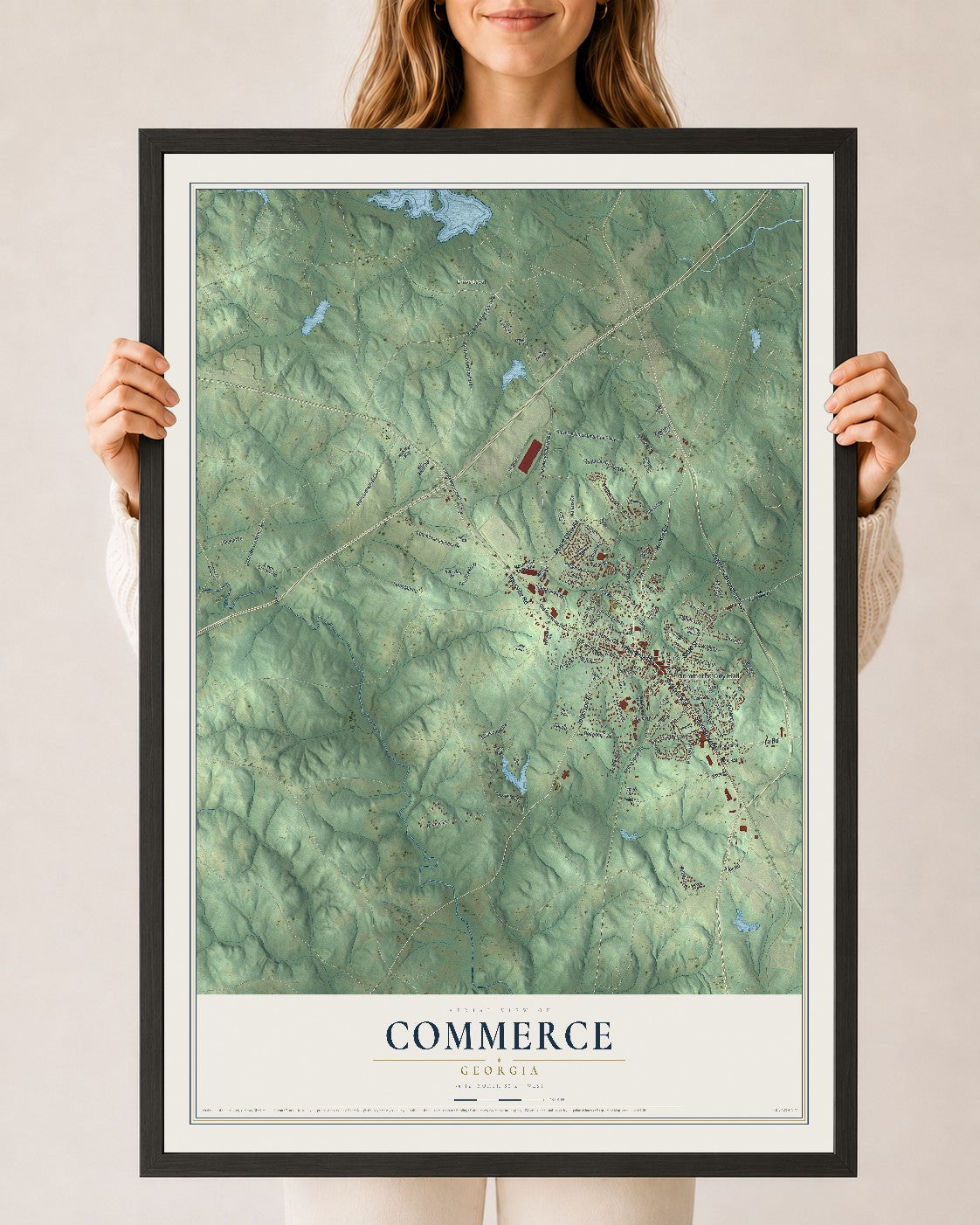 Commerce, Georgia map print, 24" x 36" W/ Black Ayous Wood Frame mockup