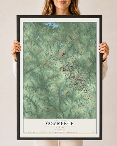 Commerce, Georgia map print, 24" x 36" W/ Black Ayous Wood Frame mockup
