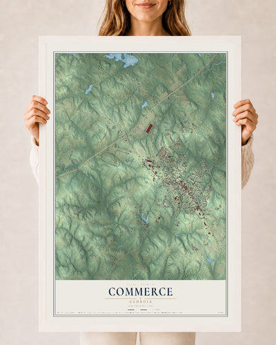 Commerce, Georgia map print, 24" x 36" W/ White Ayous Wood Frame mockup