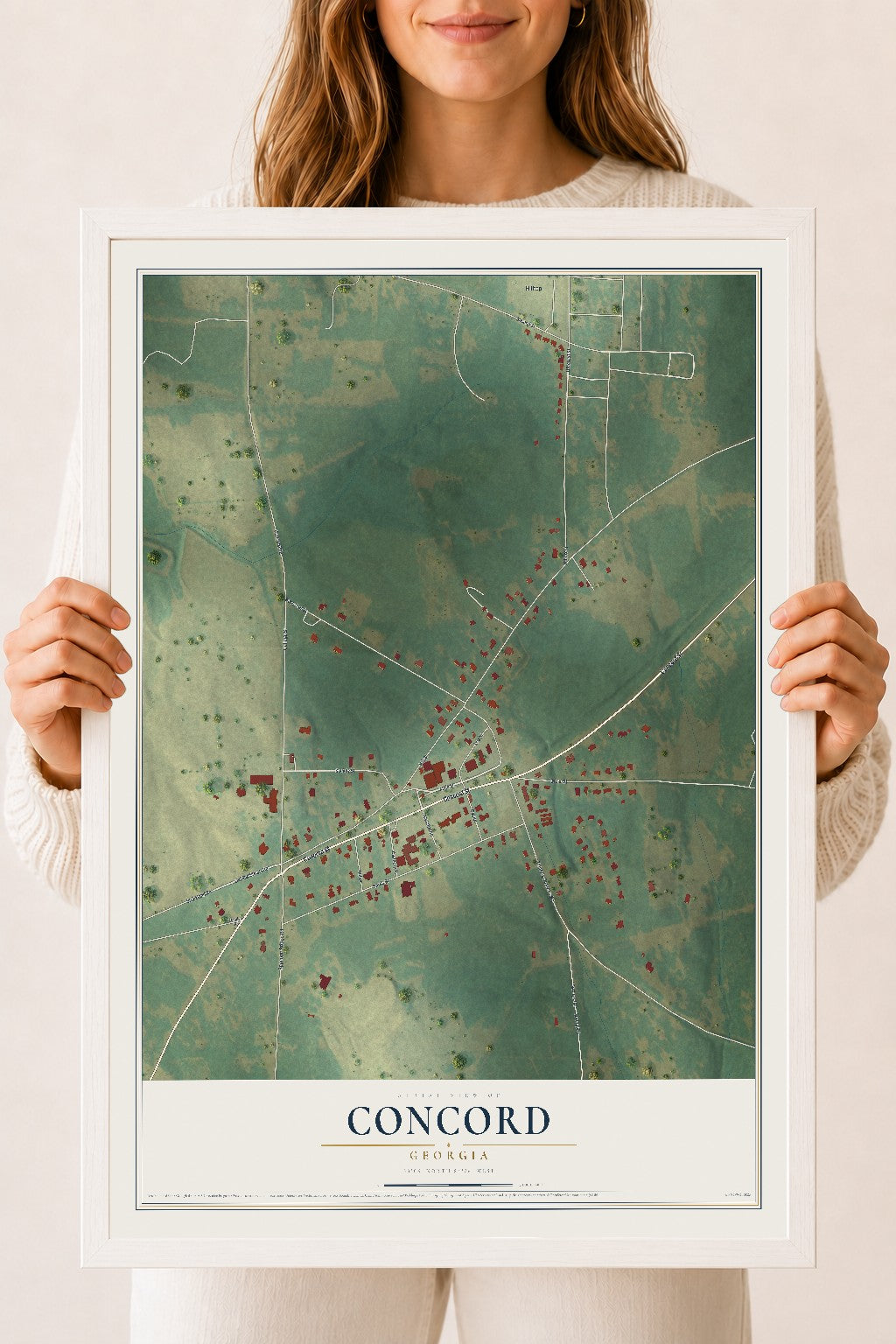 Concord, Georgia map print, 18" x 24" W/ White Ayous Wood Frame mockup