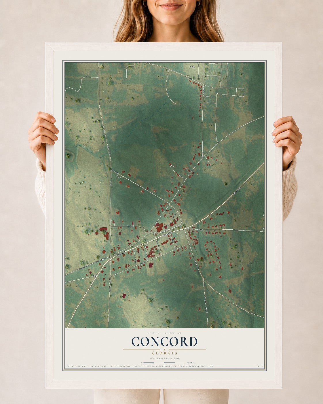 Concord, Georgia map print, 24" x 36" W/ White Ayous Wood Frame mockup