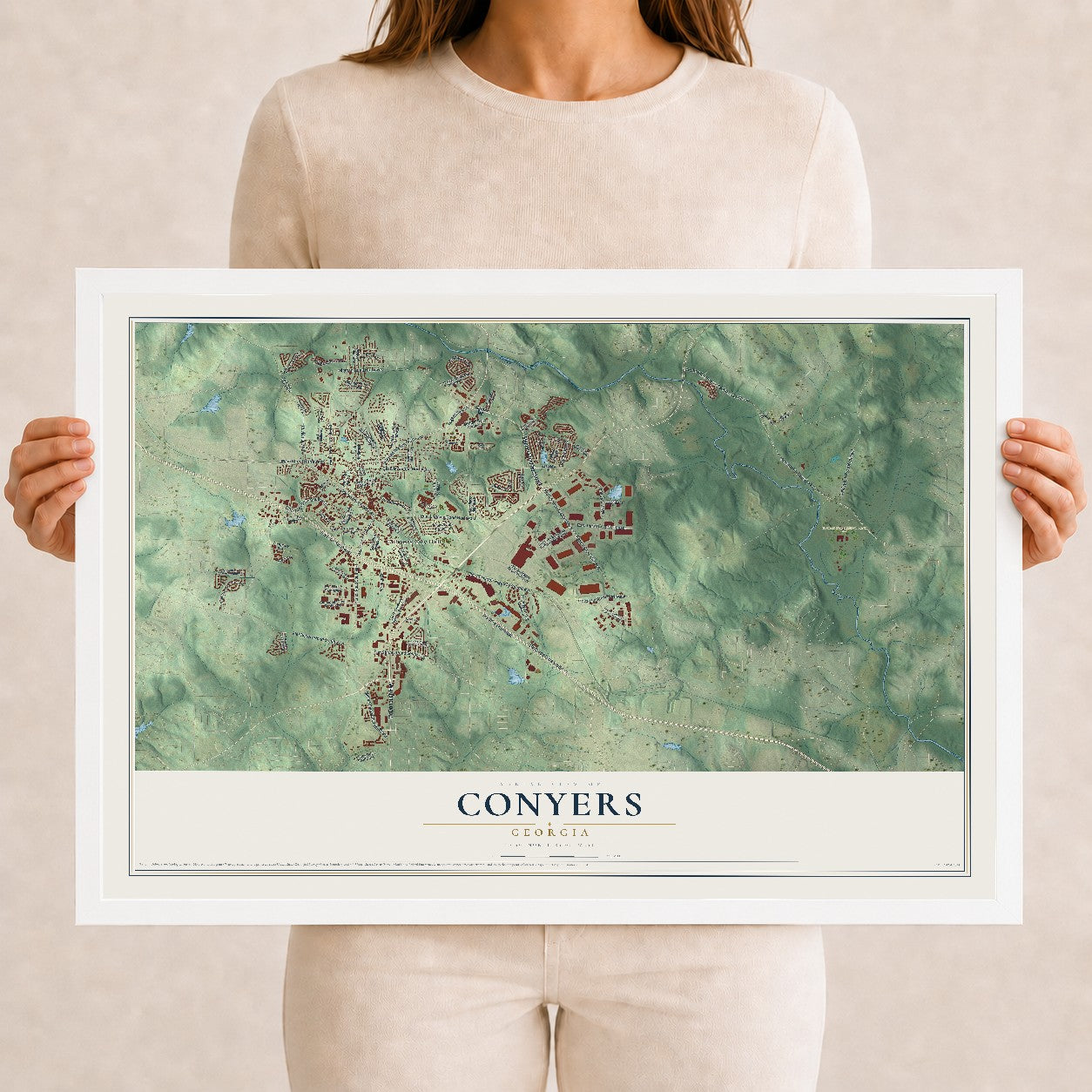 Conyers, Georgia map print, 12" x 18" W/ White Ayous Wood Frame mockup