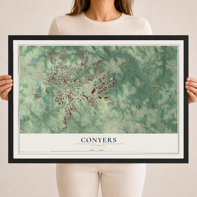 Conyers, Georgia map print, 18" x 24" W/ Black Ayous Wood Frame mockup