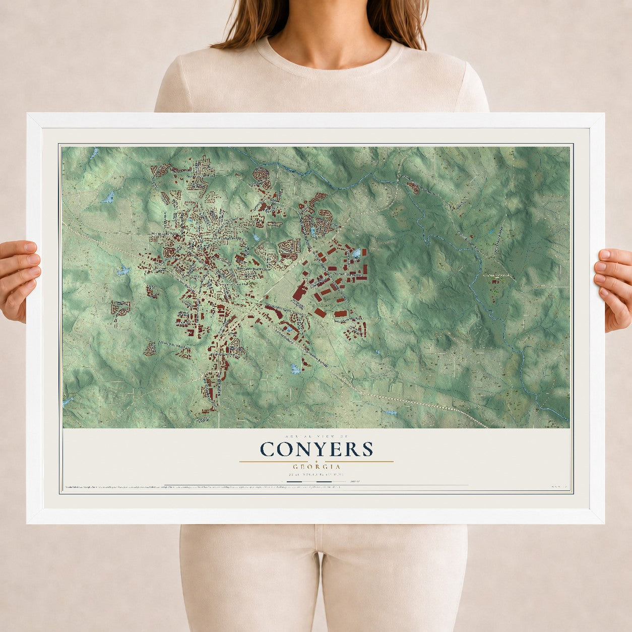 Conyers, Georgia map print, 18" x 24" W/ White Ayous Wood Frame mockup
