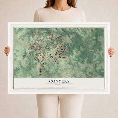 Conyers, Georgia map print, 24" x 36" W/ White Ayous Wood Frame mockup