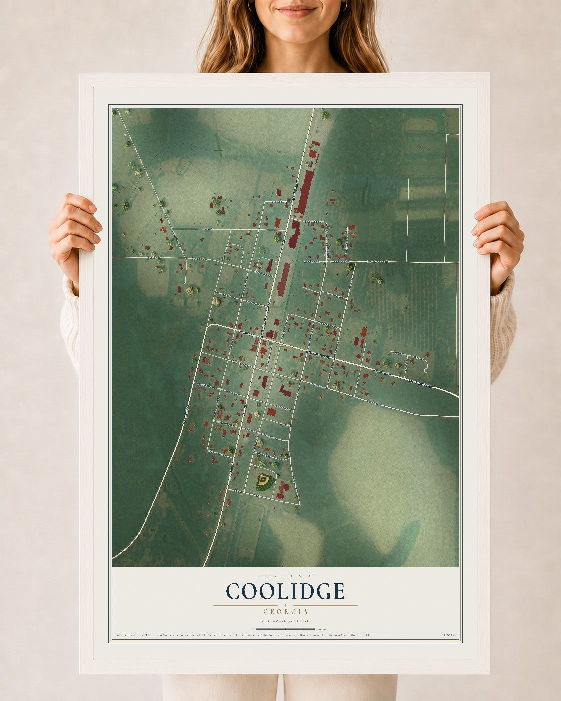 Coolidge, Georgia map print, 24" x 36" W/ White Ayous Wood Frame mockup