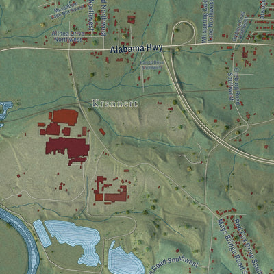 Close-up of the map of Coosa, Georgia print showing street and building detail