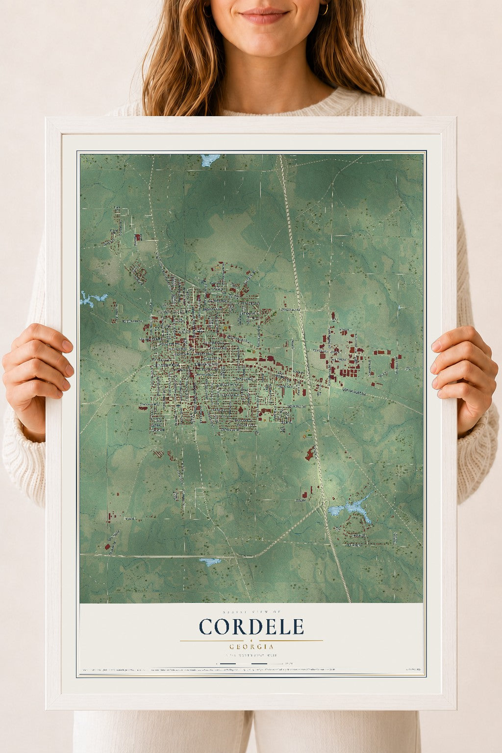 Cordele, Georgia map print, 18" x 24" W/ White Ayous Wood Frame mockup
