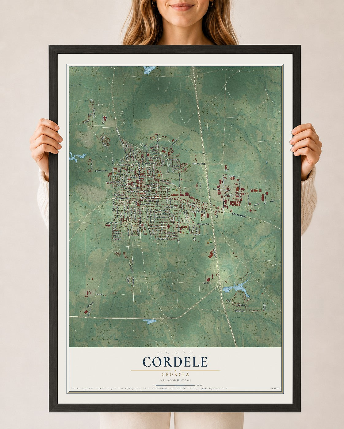 Cordele, Georgia map print, 24" x 36" W/ Black Ayous Wood Frame mockup