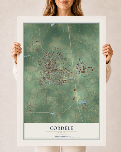 Cordele, Georgia map print, 24" x 36" W/ White Ayous Wood Frame mockup